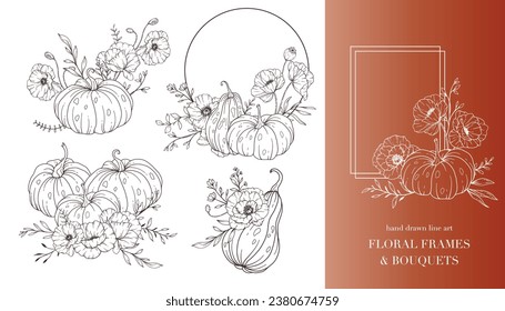 Pumpkins with Wildflowers Line Art Illustration, Outline Pumpkin arrangement Hand Drawn Illustration. Coloring Page with Pumpkins.  Thanksgiving frame. Thanksgiving Pumpkins set