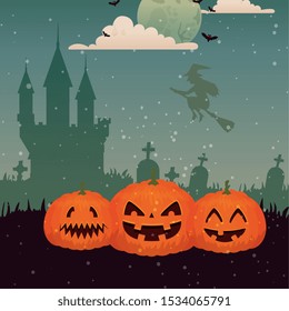 pumpkins with witch flying in scene halloween vector illustration design