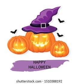 Pumpkins with witch hat and bats. Spider web. Invitation card vector. Flat style