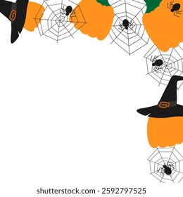 Pumpkins in Witch hats and black spiders on cobweb Halloween Top Corner Frame Copy space Template