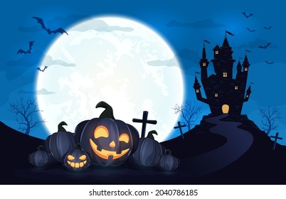 Pumpkins in witch's hat on blue Moon background with dark scary castle. Holiday card with Jack O Lanterns, bats and spiders. Illustration in cartoon style can be used for holiday cards, banners