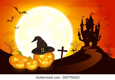 Pumpkins in witch's hat on orange Moon background with dark scary castle. Holiday card with Jack O Lanterns, bats and spiders. Illustration in cartoon style can be used for holiday cards, banners