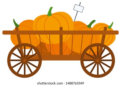 Pumpkins in wooden cart, harvest festival in Europe. Harvesting product in trailer with sticker, thanksgiving object, countryside element, farm vector. Pumpkin for Hallowen