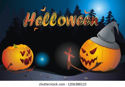 Pumpkins in the woods. Magic battle on helloween