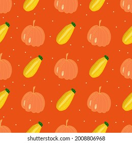 Pumpkins and zucchini on an orange background.A simple vector pattern for textiles, fabric, packaging paper, background.