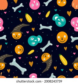 Pumpkins, zucchini, skulls on a dark background.Vector pattern for textiles, fabric, packaging paper, background.