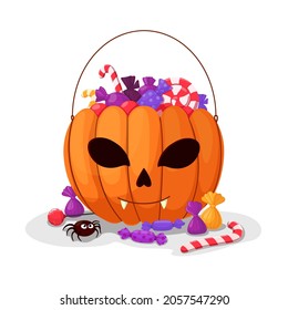 
Pumpkin-shaped sweets container. Vector halloween illustration isolated on white background. Sweets and lollipops. Pumpkin Lantern Jack. Festive design. 
A face with vampire fangs.