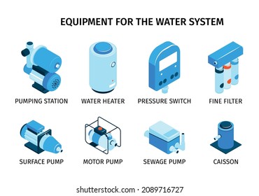 Pumps machinery composition set with water heater and filter symbols isometric isolated vector illustration