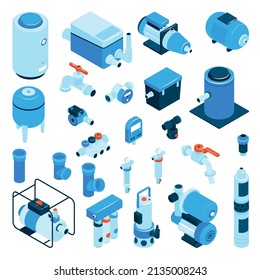 Pumps machinery equipment set with water supply symbols isometric isolated vector illustration