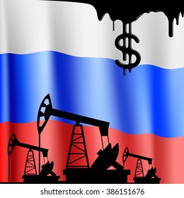 Pumps for oil and the flag of the Russian Federation. Stock vector illustration.