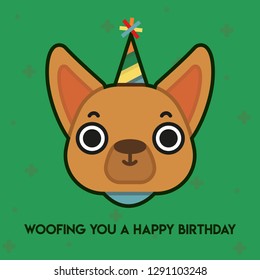 Pun Postcard. Cute vector illustration with funny quote. "Woofing you a happy birthday!"