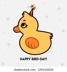 Pun Postcard. Cute vector illustration with funny quote. "Happy bird-day!"