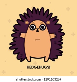 Pun Postcard. Cute vector illustration with funny quote. "Hedgehugs"