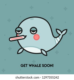 Pun Postcard. Cute vector illustration with funny quote. "Get whale soon" 