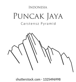 Puncak Jaya, mount in Indonesia. Vector black and white line illustration of peak Puncak Jaya in Indonesia. Print design. Travel and tourism