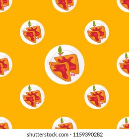 Puncakes with jam, berries and mint in cartoon style. Shrovetide festive design. Seamless pattern. Vector illustration