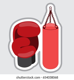 Punch bag and glove. Equipment for boxing. Vector illustration isolated on grey background