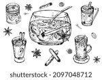 Punch bow, Mulled wine. Black and white stock illustration. Engraving. Festive drink. Coctails.Spice.Isolated on white background.For restaurants, menus, bars design