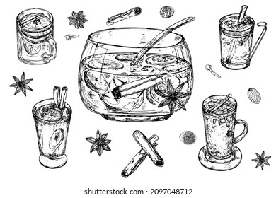 Punch bow, Mulled wine. Black and white stock illustration. Engraving. Festive drink. Coctails.Spice.Isolated on white background.For restaurants, menus, bars design