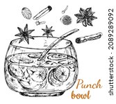Punch bowl. Black and white stock illustration. Hand drawing. Engraving. Festive drink. With ladle.Isolated on white background.For restaurants, menus, bars design