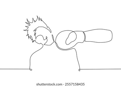 punch in boxing glove to man's face close up - one line art vector. concept male boxer athlete getting punched close up