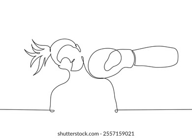 punch in boxing glove to woman face close up - one line art vector. concept female boxer athlete getting punched close up