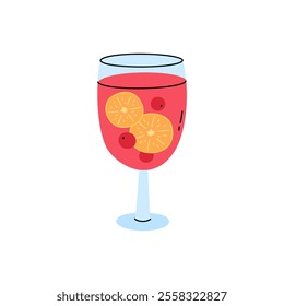 Punch drink in glass with citrus slices and cranberry berries. Cute hand drawn vector illustration of festive red beverage in wineglass for Christmas, New Year, birthday. 