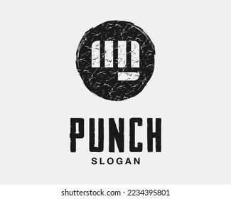 Punch Fight Power Hand Fist Knockout Arm Strike Hit Grunge Texture Rough Rustic Vector Logo Design