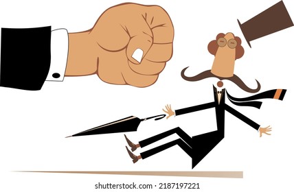 Punch fist and confused falling man. Concept illustration. Big fist beats a falling man in the top hat with umbrella. Isolated on white background