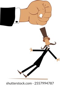 Punch fist and confused falling man. Concept illustration. Big fist beats a falling man in the top hat with umbrella. Isolated on white background