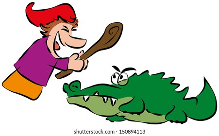 Punch hits crocodile with a stick. Isolated vector on white background.