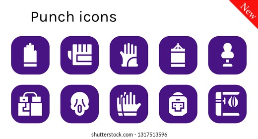 punch icon set. 10 filled punch icons.  Simple modern icons about  - Gloves, Punching ball, Punching bag, Scream, Boxer