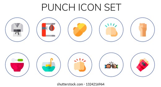 punch icon set. 10 flat punch icons.  Collection Of - judo, Punch, punching bag, fists, fist, karate