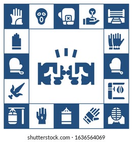 punch icon set. 17 filled punch icons. Included Gloves, Fist, Martial arts, Punching bag, Scream, Glove, Boxing gloves, Punching ball, Freedom, Boxing ring icons