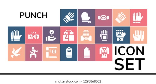 punch icon set. 19 filled punch icons. Simple modern icons about  - Gloves, Martial arts, Punching bag, Judo, Fist, Freedom, Glove, Champion belt, Karate