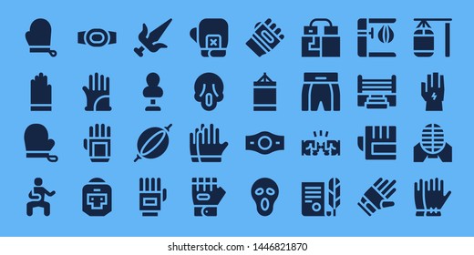 punch icon set. 32 filled punch icons. on blue background style Collection Of - Gloves, Martial arts, Champion belt, Glove, Boxer, Punching bag, Boxing gloves, Scream, Karate