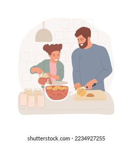 Dibujar ilustración vectorial de dibujos animados aislados. Preparando bebidas en casa, niños vertiendo líquido, jugoso ponche, fruta en un gran bol, naranjas de corte de padres, lentes de colores, dibujos animados de vectores de cocina familiar.