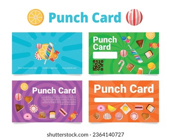 Punch loyalty card for reward customer sweet candy decorative design set vector illustration. Commercial marketing promo program store shop advertising bakery delicious dessert business coupon voucher