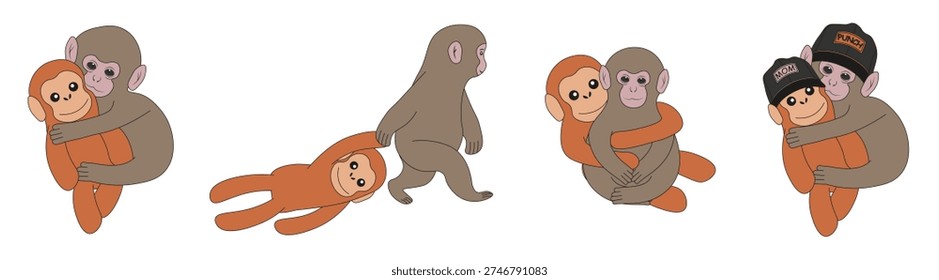 Punch Monkey набор изолированный прозрачный фон. Векторная иллюстрация ребенка Punch Monkey и ее игрушки-матери. Идеальная коллекция для объятий день искусства. Редактируемый штрих EPS 10