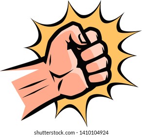 Punch, pop art retro comic style. Clenched fist, cartoon vector illustration