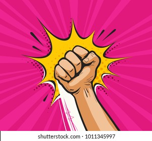 Punch, raised up clenched fist in retro pop art. Comic style vector illustration.