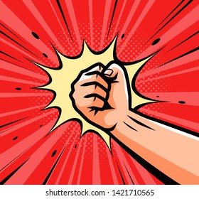 Punch, raised up clenched fist in retro pop art. Comic style vector illustration