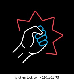 Punch, raised up clenched fist vector isolated on black background icon. Demonstration, protest, strike, revolution. Graph symbol for your web site design, logo, app, UI