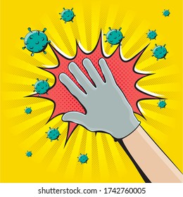 Punch Retro Comic Cartoon Style Creative Concept with Raised Hand Clenched into Fist Sign Rays Circle and Burst out Speech Bubble - Black and Red on Yellow Background - Vector Hand Drawn Design