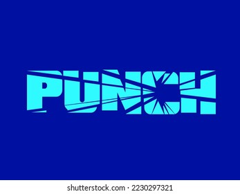 PUNCH word mark logo. Typographic lettering text. Alphabet initials. Deconstructed broken glass emblem isolated on blue background. Decorative letters. Bright neon color.