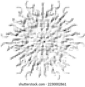 Punched  contour of vanishing snowflake. Configuration from pease, bullet, bubbles, mote, speckle, mottle. Space for copy text, optical effect. Vector.