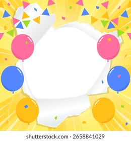 Punched paper background frame, balloon, confetti,  bunting, party flag, speed line, concentration line, sunburst, square size