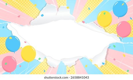 Quadro de fundo de papel perfurado, balão, confete, linha de velocidade, linha de concentração, sunburst
