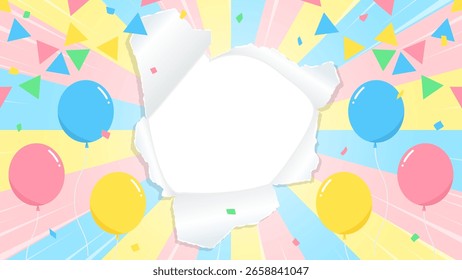 Marco de fondo de papel perforado, globo, confeti, bunting, bandera del partido, línea de velocidad, línea de concentración, sunburst