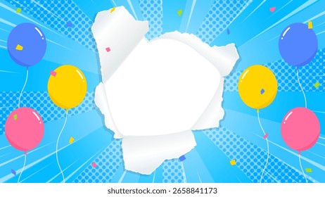 Quadro de fundo de papel perfurado, balão, confete, linha de velocidade, linha de concentração, sunburst